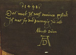 Zelfportret met handschoenen (detail) door Albrecht Dürer